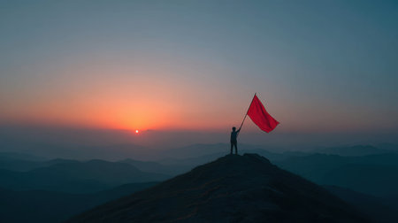 A solitary figure stands on a mountain peak, proudly holding a red flag against a stunning sunset. The vibrant colors and shadows create a dramatic scene, symbolizing bravery and triumph in nature.の素材