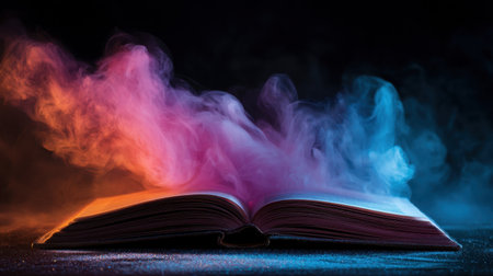 A captivating image of an open book emitting vibrant colorful smoke, creating a magical and enchanting atmosphere against a dark background.の素材