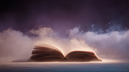 An enchanting open book emerges from soft fog, creating a mystical atmosphere bathed in gentle light. A perfect visual for inspiration.の素材