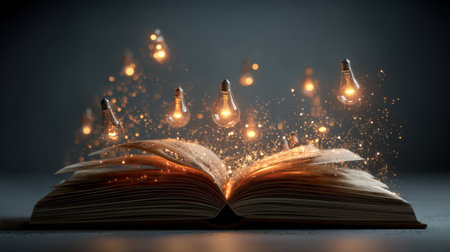 An enchanting scene of an open book with glowing light bulbs floating above, evoking creativity and inspiration. Perfect for themes of knowledge and imagination.の素材