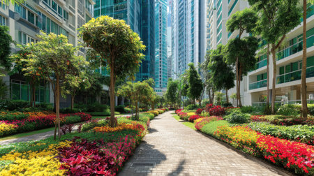 Experience a serene urban pathway adorned with colorful flowers and lush greenery, framed by modern skyscrapers in a vibrant cityscape.の素材