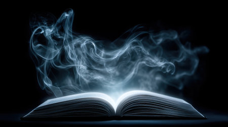 An open book emits ethereal wisps of smoke in a dark environment, symbolizing creativity and imagination. This enchanting scene invites viewers into a world of limitless possibilities.の素材