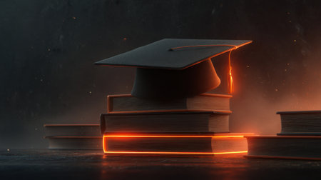 A striking image featuring a graduation cap resting atop glowing books in a dark background, representing the journey of education and the pursuit of knowledge.の素材