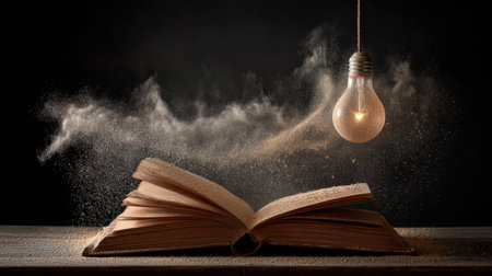 A captivating image of an open book emitting swirling dust with a hanging light bulb, evoking creativity and mystical wonder in a dark space.の素材