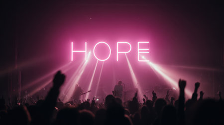 An exuberant live concert scene featuring a neon sign that reads "Hope," amidst a vibrant audience celebrating the moment with raised hands.の素材