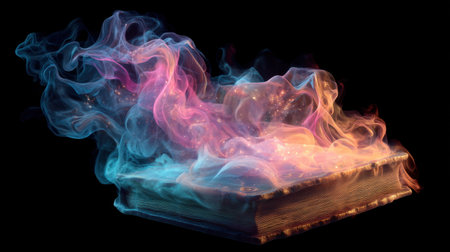 A captivating image of a mystical book emitting colorful smoke and light, evoking a sense of magic and wonder in an enchanting atmosphere.の素材
