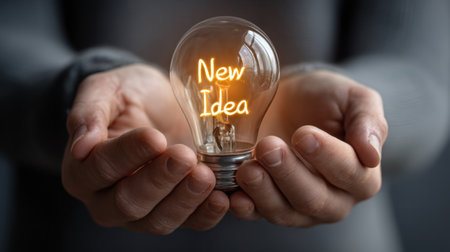 A close-up image of a light bulb held in hands, illuminating the phrase "New Idea." This symbolizes creativity and innovation for business.の素材