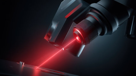 This image showcases advanced laser technology in a modern science laboratory, highlighting precision equipment and a captivating red laser beam.の素材