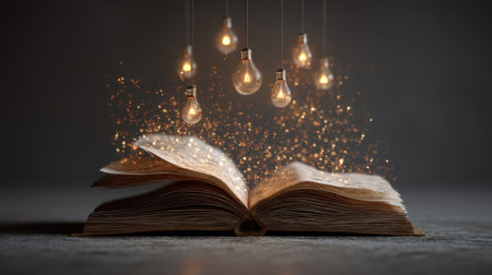A captivating image featuring an open book surrounded by floating light bulbs and sparkling particles. The scene evokes a sense of creativity and wonder, perfect for themes of inspiration and imagination.の素材