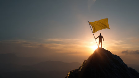 A silhouette of a person standing atop a mountain peak, proudly holding a yellow flag against a vibrant sunrise, symbolizing achievement and aspiration.の素材