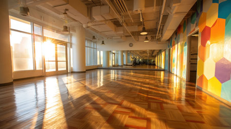 Bright and spacious studio space featuring large windows and colorful walls, ideal for fitness activities, yoga classes, or community events.の素材