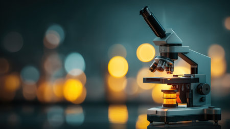 A modern laboratory microscope positioned on a reflective surface, showcasing an illuminated sample, set against a dreamy bokeh background.の素材
