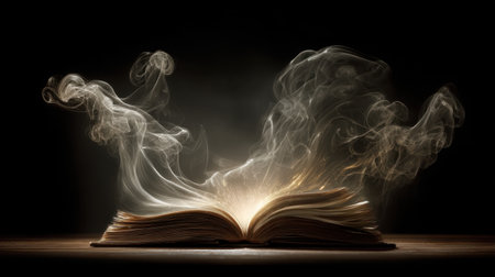 A captivating image of an open book emitting glowing light and swirling smoke, evoking a sense of magic and imagination, perfect for creative projects.の素材