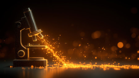A stunning digital representation of a microscope emitting glowing particles, signifying innovation and discovery in scientific research and education.の素材
