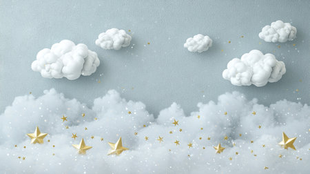 A serene composition of soft clouds and sparkling golden stars against a gentle blue backdrop, evoking a sense of calm and imagination. Perfect for children's themes.の素材
