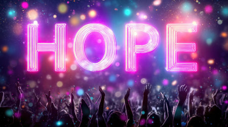 A stunning neon sign of hope shines brightly above a joyful crowd, surrounded by colorful lights and bokeh effects, creating a vibrant atmosphere.の素材