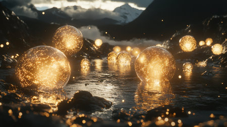 A mesmerizing scene of glowing spheres illuminating a tranquil river, surrounded by majestic mountains and enchanting twilight hues.の素材