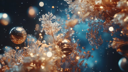 A mesmerizing abstract background featuring glowing golden ornaments intertwined with delicate floral textures. Ideal for elegant designs.の素材