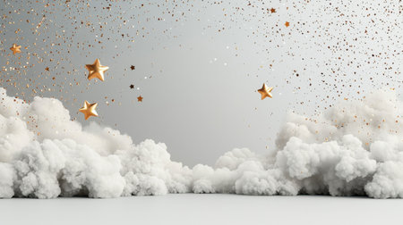 A whimsical background featuring soft clouds and golden stars sprinkled with glitter. Perfect for celebrations and creative projects, this dreamy scene adds elegance and charm to any visual design.の素材