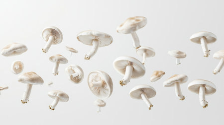 A stunning display of fresh mushrooms floating against a clean white background, perfect for food photography and culinary design projects.の素材