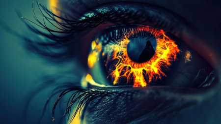 This striking image features a close-up of an eye infused with fiery flames, representing intense emotion and passion. The vibrant colors and surreal elements evoke a mesmerizing artistic vision.の素材