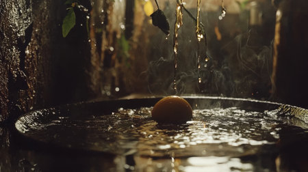 A close-up view of a fresh yellow fruit resting on a surface, with water droplets gracefully falling around it, creating a serene atmosphere.の素材