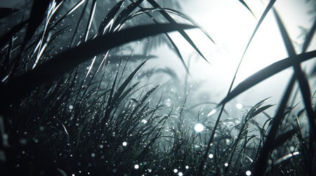 A captivating misty forest scene showcasing dew-kissed grass in soft light at dawn, perfect for conveying tranquility and natural beauty.の素材