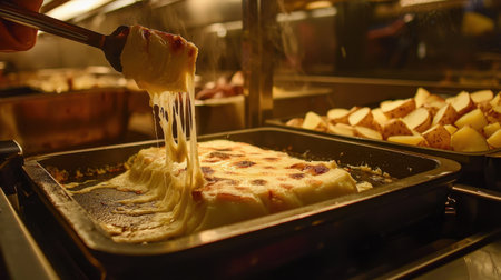 A charming scene depicting a cheesy lasagna being served from a warm buffet tray, alongside golden baked potatoes, showcasing comfort food delight.の素材