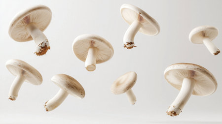 A captivating arrangement of fresh white mushrooms floating gracefully against a neutral background, ideal for culinary and food-themed projects.の素材