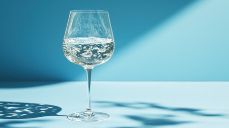 A beautifully captured image of sparkling water served in a luxurious glass. The vibrant blue background enhances the elegance and simplicity, highlighting refreshing bubbles and light reflections.の素材