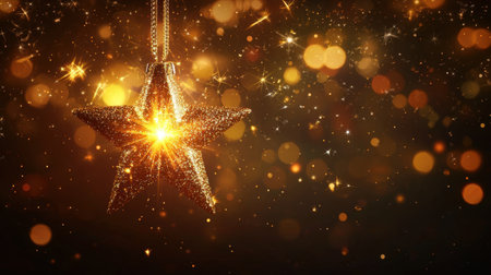 A stunning golden star ornament dazzles against a backdrop filled with sparkling lights and bokeh effects, creating a magical atmosphere perfect for celebrations.の素材
