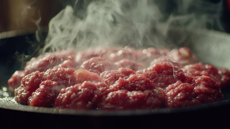A close-up view of fresh ground beef cooking in a pan, releasing steam as it sizzles. Perfect for illustrating meal preparation and culinary art.の素材