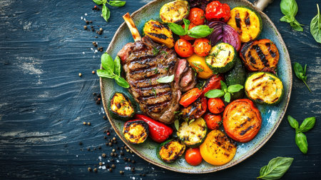 A vibrant plate showcasing grilled meat alongside a medley of fresh vegetables, garnished with herbs, perfect for a hearty meal.の素材