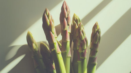 A vibrant display of fresh green asparagus stalks captured in natural light, highlighting their texture and colors, perfect for food enthusiasts or health-focused recipes.の素材
