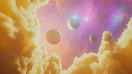 This stunning cosmic landscape features vibrant clouds intertwined with planets and twinkling stars, evoking a sense of wonder and imagination.の素材