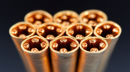 This close-up image captures a group of copper pipes with a shiny metallic finish, ideal for various industrial and technical themes and use.の素材