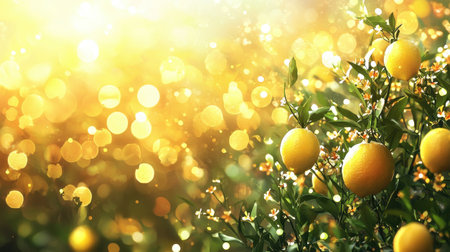 A captivating lemon orchard bathed in golden sunlight creates a warm and inviting atmosphere. The sparkling bokeh background enhances the vivid yellows of the lemons, symbolizing freshness and vibrancy.の素材