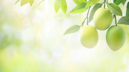 Three fresh green mangoes hang from a leafy branch against a softly blurred background, capturing a tranquil and vibrant tropical scene.の素材