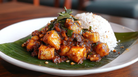 This vibrant dish features perfectly cooked tofu served on a banana leaf alongside fluffy rice, accented with fresh herbs and spices.の素材