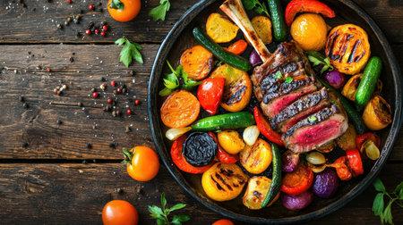 A beautifully arranged plate of grilled lamb chop accompanied by a vibrant mix of roasted vegetables, perfect for a gourmet meal.の素材