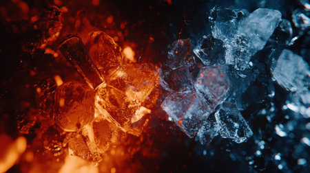 This captivating image showcases the stark contrast between ice and fire, featuring shimmering crystals set against a vibrant background.の素材
