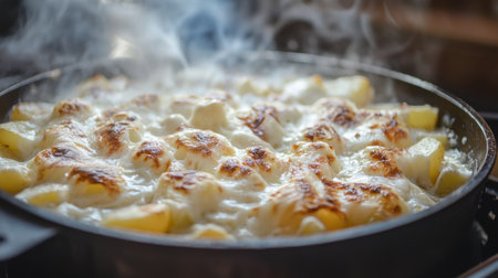 A beautiful close-up of creamy baked potatoes topped with melted cheese, steaming in a pan, creating a cozy culinary atmosphere in the kitchen.の素材
