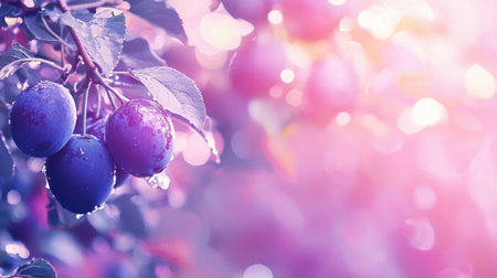 A captivating close-up image of purple plums hanging from a branch, enhanced by soft bokeh and pastel hues, evoking freshness and nature's beauty.の素材