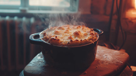 A steaming dish of comfort food sits in a cast iron pot on a wooden surface, capturing the essence of home cooking and warmth in a cozy kitchen setting.の素材