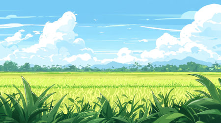 This vibrant landscape features a lush green rice field under a bright blue sky with fluffy clouds. Rolling hills in the background enhance the serene and peaceful rural setting, perfect for conveying tranquility and nature's beauty.の素材