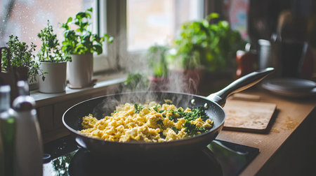 A steaming pan of scrambled eggs with fresh greens sits in a cozy kitchen filled with potted herbs, creating a warm and inviting atmosphere, perfect for breakfast.の素材