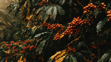 A stunning capture of ripe coffee cherries on lush green coffee plants, set against a dense tropical rainforest, showcasing the beauty of nature and agriculture.の素材
