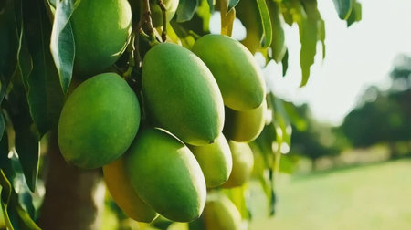 Lush and vibrant green mangoes dangle from tree branches, embodying the richness of tropical fruits in a serene garden setting.の素材