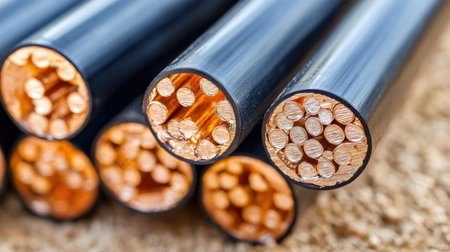 Detailed close-up of multiple copper wires wrapped in black insulation, showcasing the structure and materials used in electrical applications.の素材