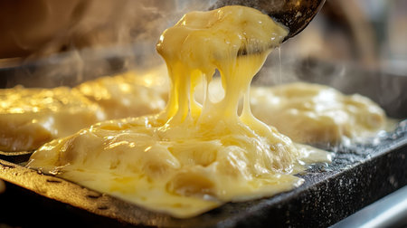 A close-up view of gooey melted cheese dripping from a spoon onto a hot griddle, creating a sense of comfort and indulgence in every bite.の素材